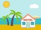 Beach house hotel. Flat scene with house, sea, sun, sheep and pa