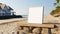 Beach house for sale concept. Mockup blank template billboard copy space near house. Real estate market. House hunting and home