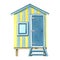 Beach house, surf garage, yellowand blue, wooden, striped. Watercolor illustration. An isolated object from the SURFING