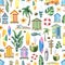 Beach houses, surfboards, palm trees, flowers, coconuts. Watercolor illustration. Seamless pattern on a white background