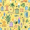 Beach houses, surfboards, palm trees, flowers, coconuts. Watercolor illustration. Seamless pattern on a yellow