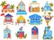 Beach houses vector illustration set, cartoon flat straw huts on beachline, bungalow house with palm trees or exotic