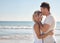 Beach hug, love and couple kiss forehead on romantic Sydney Australia mockup, bonding vacation or holiday freedom. Ocean