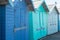 Beach huts. Blue wooden vacation cabins on East coast UK