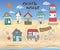 Beach huts and bungalows, hand drawn outline color doodle set with light house wooden boat and anchor, seashells and footsteps on