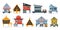 Beach huts collection. Cartoon summer vacation bungalow with roof and veranda, cottage house facade with doors and