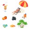 Beach icon set. Girl in a swimsuit on a deck chair, orange juice, sun umbrella, palm, sun glasses, photo, photo camera