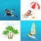 Beach icon set. Girl in a swimsuit on a deck chair, Scuba diver, sun umbrella, palm