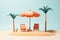 Beach insider product display scene, sand, toy palms, beach chairs and umbrella