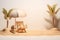 Beach insider product display scene, sand, toy palms, beach chairs and umbrella