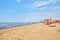 Beach in italy with parasols and sun lounges