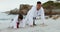 Beach, karate exercise or child learning martial arts fighting or taekwondo in fitness workout or push ups. Challenge