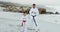 Beach, karate or fitness with a father and daughter together outdoor for a self defense workout. Exercise, family and