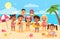 Beach kids. Happy children summer holidays, cute boys and girls in swimsuits playing with toys sand and splash near the