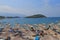 Beach in Ksamil - a popular resort in southern Albania, near the city of Saranda August 2019.