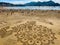 Beach of La Concha in San Sebastian, Spain. Sand graffiti