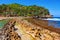 Beach lagoon separated from sea surf by reef barrier