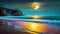 Beach landscape, full moon over the sea. AI art generated