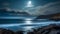 Beach landscape, full moon over the sea. AI art generated