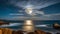 Beach landscape, full moon over the sea. AI art generated