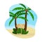 Beach landscape. Palm trees with a wooden pointer to the surf station.
