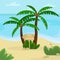 Beach landscape. Palm trees with a wooden pointer to the surf station. Flat vector illustration