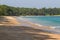 Beach line Indian ocean. Sand, tree, forest. Clean lagoon