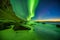 Beach in the Lofoten islands in Norway with strong green northern lights