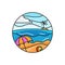 Beach logo badge. sunny weather beach holiday scene illustration with circle frame.