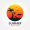 Beach logo design. Sunset and palm trees. Round logotype. Travel agency logo on white backdrop. Beach umbrella and sun