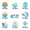 The beach logo with sea wave , coconut leaf , boat and sun vector set design