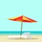 Beach lounge with empty chair near sea and sun umbrella vector illustration, flat cartoon seafront resort landscape with