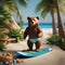 A beach-loving bear in swim trunks, surfing on a small surfboard3