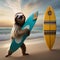 A beach-loving sloth in swim trunks, catching waves on a miniature surfboard1