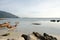 Beach at low tide with taxi longtail boat,lipe island