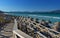 Beach of majorca with a wooden bridge and montains