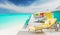 Beach in the Maldives with white coral sand in the blue lagoon, colorful sun loungers, beautiful view. AI generated illustration