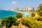The beach and the Mediterranean seafront. View Tel Aviv