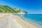 The beach of Mezzavalle view from above unique bay in Conero natural park dramatic coast headland rock cliff adriatic sea Italy