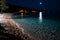 a beach at night with a full moon shining over it