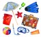 Beach objects - parasol, flippers, suitcase, ball, mask, bucket. Hand drawn watercolor set