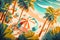 Beach and ocean surrounded by palm trees, striped beach, umbrellas and sunbeds, top view. Summer illustration. Generative AI