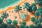 Beach and ocean surrounded by palm trees, striped beach, umbrellas and sunbeds, top view. Summer illustration. Generative AI
