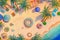 Beach and ocean surrounded by palm trees, striped beach, umbrellas and sunbeds, top view. Summer illustration. Generative AI