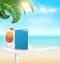Beach with palm cocktail menu and clouds. Summer vacation background