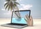 beach palm tree computer summer concept tropical travel laptop vacation. Generative AI.