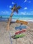 Beach with a palm tree and sign with the words `observe`, `contemplate` and `thank`, Barra Grande, Maragogi Alagoas, Brazil.