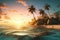 Beach palms sunset sea. Generate Ai