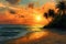 Beach palms sunset sea. Generate Ai