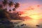 Beach palms sunset sky. Generate Ai